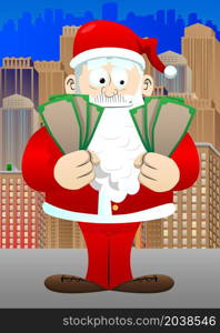 Santa Claus in his red clothes with white beard holding or showing money bills. Vector cartoon character illustration.
