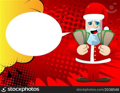 Santa Claus in his red clothes with white beard holding or showing money bills. Vector cartoon character illustration.