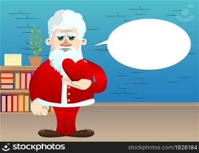 Santa Claus in his red clothes with white beard holding red heart in his hand. Vector cartoon character illustration.