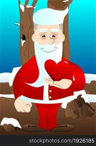 Santa Claus in his red clothes with white beard holding red heart in his hand. Vector cartoon character illustration.