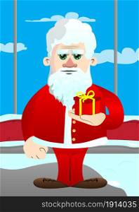Santa Claus in his red clothes with white beard holding small gift box. Vector cartoon character illustration.