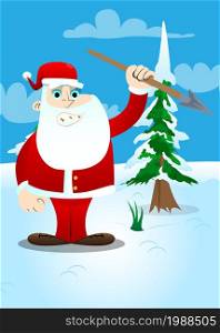 Santa Claus in his red clothes with white beard holding spear in his hand. Vector cartoon character illustration.