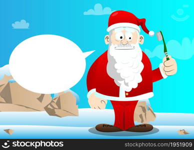 Santa Claus in his red clothes with white beard holding toothbrush. Vector cartoon character illustration.