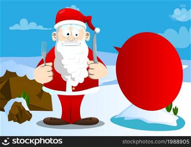 Santa Claus in his red clothes with white beard holding up a knife and fork. Vector cartoon character illustration.