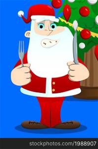 Santa Claus in his red clothes with white beard holding up a knife and fork. Vector cartoon character illustration.