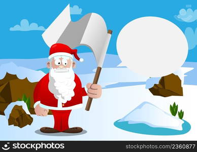 Santa Claus in his red clothes with white beard holds white flag of surrender. Vector cartoon character illustration.