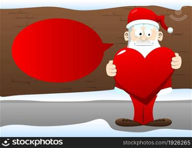 Santa Claus in his red clothes with white beard hugging big red heart. Vector cartoon character illustration.