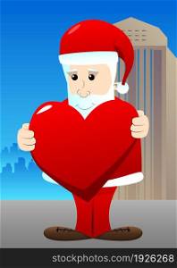 Santa Claus in his red clothes with white beard hugging big red heart. Vector cartoon character illustration.
