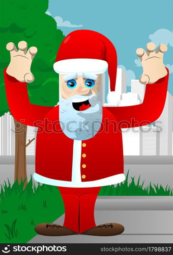 Santa Claus in his red clothes with white beard is trying to scare you. Vector cartoon character illustration.