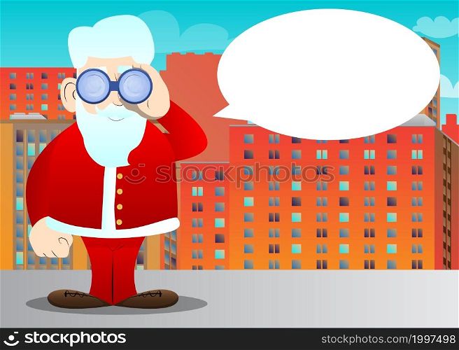 Santa Claus in his red clothes with white beard looking through binoculars. Vector cartoon character illustration.