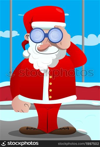 Santa Claus in his red clothes with white beard looking through binoculars. Vector cartoon character illustration.