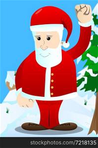 Santa Claus in his red clothes with white beard making power to the people fist gesture. Vector cartoon character illustration.