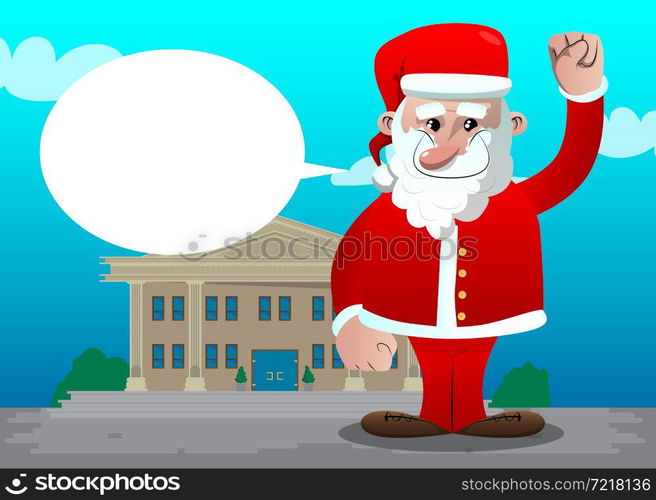 Santa Claus in his red clothes with white beard making power to the people fist gesture. Vector cartoon character illustration.