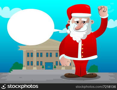 Santa Claus in his red clothes with white beard making power to the people fist gesture. Vector cartoon character illustration.