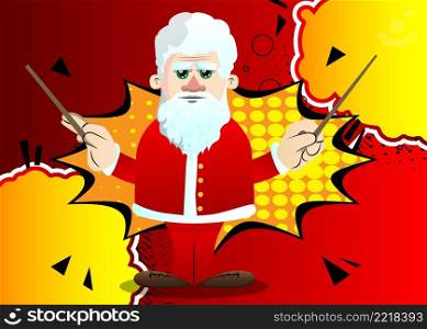 Santa Claus in his red clothes with white beard orchestra conductor. Vector cartoon character illustration.