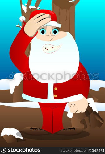 Santa Claus in his red clothes with white beard placing hand on head. Vector cartoon character illustration.