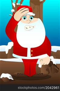 Santa Claus in his red clothes with white beard placing hand on head. Vector cartoon character illustration.