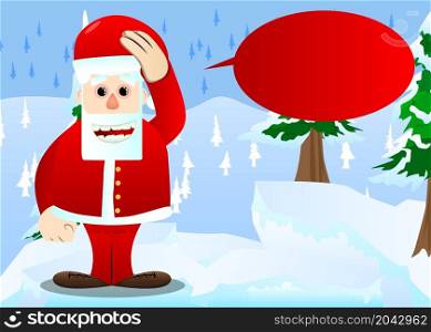 Santa Claus in his red clothes with white beard placing hand on head. Vector cartoon character illustration.