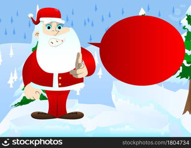 Santa Claus in his red clothes with white beard pointing at the viewer with his hand. Vector cartoon character illustration.