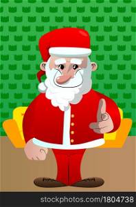 Santa Claus in his red clothes with white beard pointing at the viewer with his hand. Vector cartoon character illustration.