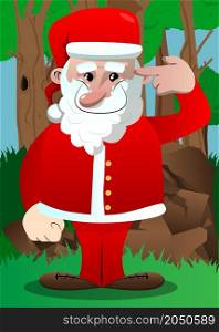 Santa Claus in his red clothes with white beard putting an imaginary gun to his head. Vector cartoon character illustration.