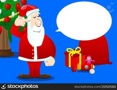 Santa Claus in his red clothes with white beard putting an imaginary gun to his head. Vector cartoon character illustration.