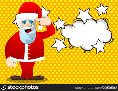 Santa Claus in his red clothes with white beard putting an imaginary gun to his head. Vector cartoon character illustration.