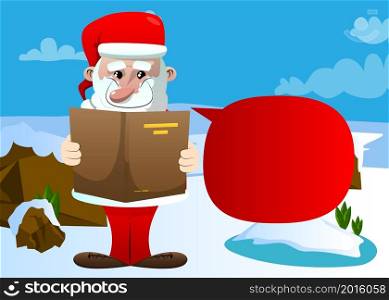 Santa Claus in his red clothes with white beard reading a book. Vector cartoon character illustration.