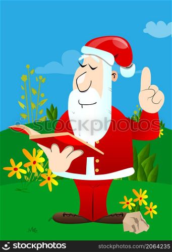 Santa Claus in his red clothes with white beard reading a red book and making a point. Vector cartoon character illustration.