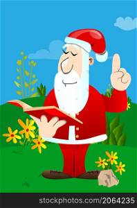 Santa Claus in his red clothes with white beard reading a red book and making a point. Vector cartoon character illustration.