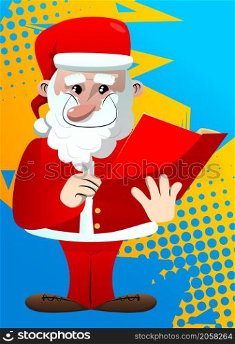 Santa Claus in his red clothes with white beard reading a red book. Vector cartoon character illustration.