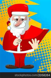 Santa Claus in his red clothes with white beard reading a red book. Vector cartoon character illustration.