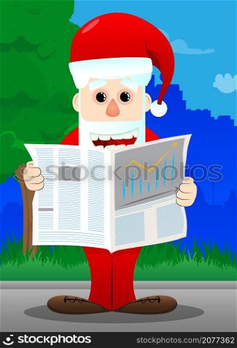 Santa Claus in his red clothes with white beard reading newspaper. Vector cartoon character illustration.