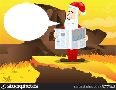 Santa Claus in his red clothes with white beard reading newspaper. Vector cartoon character illustration.
