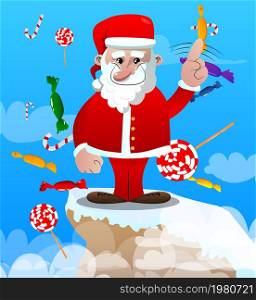 Santa Claus in his red clothes with white beard saying no with his finger. Vector cartoon character illustration.