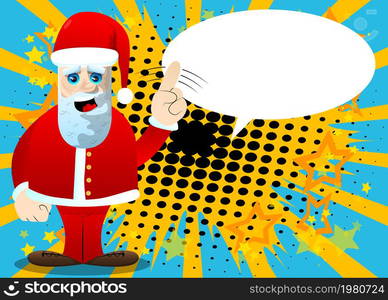 Santa Claus in his red clothes with white beard saying no with his finger. Vector cartoon character illustration.