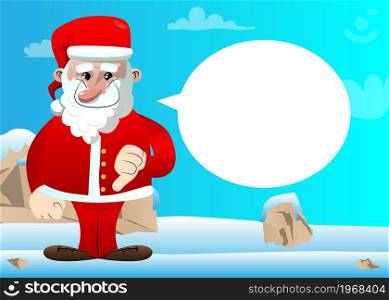 Santa Claus in his red clothes with white beard showing dislike hand sign. Vector cartoon character illustration.