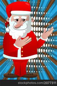Santa Claus in his red clothes with white beard showing something with both hands, powerful hand gesture. Vector cartoon character illustration.