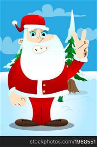 Santa Claus in his red clothes with white beard showing the V sign, peace hand gesture. Vector cartoon character illustration.