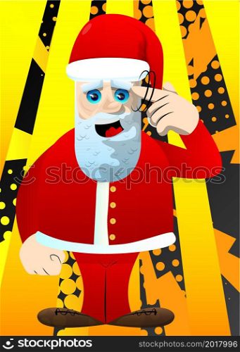 Santa Claus in his red clothes with white beard shows a you're nuts gesture by twisting his finger around his temple. Vector cartoon character illustration.