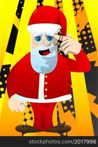 Santa Claus in his red clothes with white beard shows a you're nuts gesture by twisting his finger around his temple. Vector cartoon character illustration.