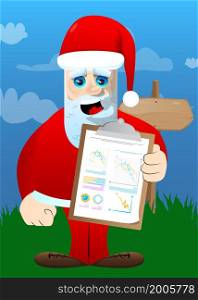 Santa Claus in his red clothes with white beard shows finance report. Vector cartoon character illustration.