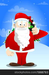 Santa Claus in his red clothes with white beard talking on cell phone. Vector cartoon character illustration.