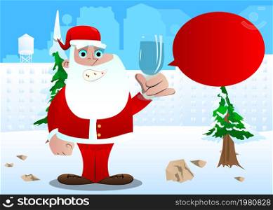 Santa Claus in his red clothes with white beard with a glass of water. Vector cartoon character illustration.