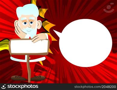 Santa Claus in his red clothes with white beard with blank paper on wood board, sign. Vector cartoon character illustration.