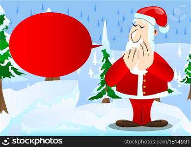 Santa Claus in his red clothes with white beard with hands over mouth. Vector cartoon character illustration.