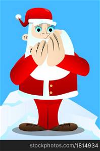Santa Claus in his red clothes with white beard with hands over mouth. Vector cartoon character illustration.
