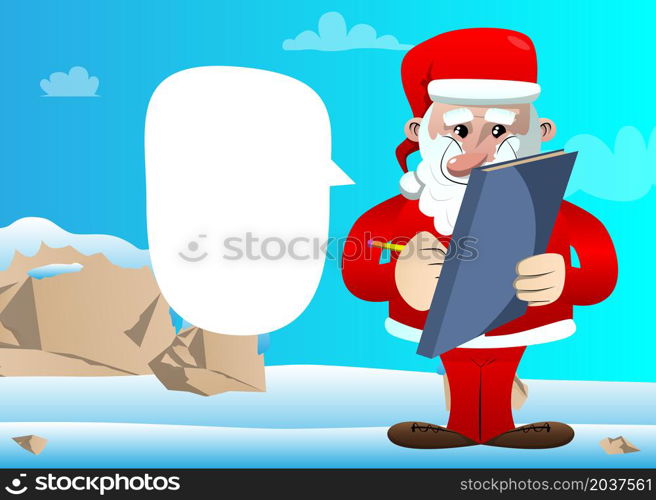 Santa Claus in his red clothes with white beard writing on a books cover. Vector cartoon character illustration.