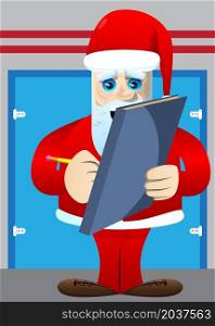 Santa Claus in his red clothes with white beard writing on a books cover. Vector cartoon character illustration.