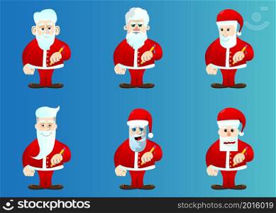 Santa Claus in his red clothes with white beard writing with pencil. Vector cartoon character illustration.